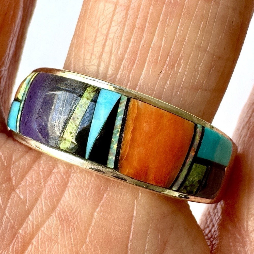 Navajo Inlay Turquoise Opal Multi Wedding Band Ring Sz 11 9mm Mens Signed AT